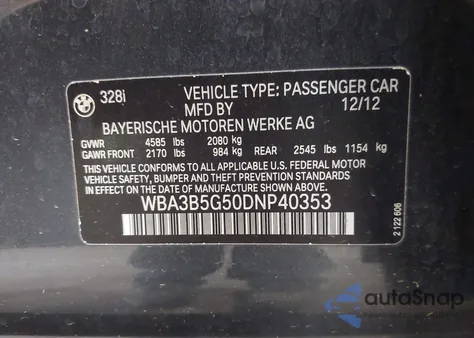 2013 BMW 328I xDrive z USA, uszkodzony, nr VIN WBA3B5G50DNP40353